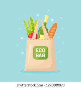 Sacos ecológicos de tela reutilizables llenos de productos de compras, comida saludable. Sin bolsa de plástico, utiliza tu propio paquete ecológico. Envasado sustentable biodegradable reciclable. Ilustración del vector