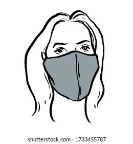Womаn in reusable cloth face mask. Vector hand-drawn illustration on a white background.