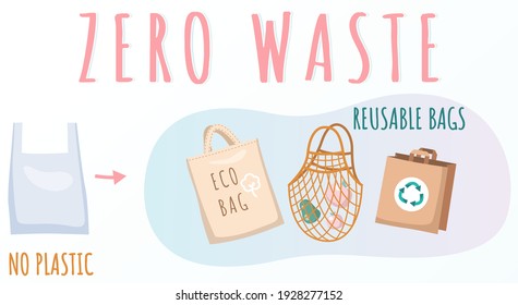 Paquetes de tela reutilizables en lugar de recipientes de plástico ilustraciones vectoriales. El concepto de basura cero. Cartel sobre el uso de bolsas recicladas ecológicas. Interrupción de la producción de bolsas de plástico