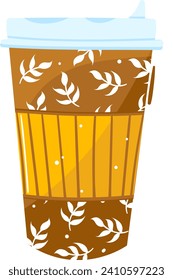 Reusable coffee cup with a blue lid and nature-inspired brown design. Takeaway beverage container eco-friendly. Eco-conscious lifestyle coffee cup vector illustration.