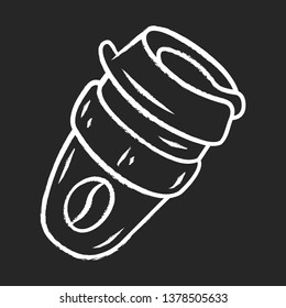 Reusable coffee cup chalk icon. Zero waste. Eco friendly, recycle, disposable material. Take and go drink. Plastic, paper cup. Eco coffee mug, package. Isolated vector chalkboard illustration