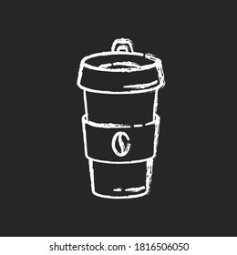 Reusable Coffee Cup Chalk White Icon On Black Background. Biodegradable Container For Drinks. Coffee Break, Responsible Consumption. Paper Cup With Beverage Isolated Vector Chalkboard Illustration