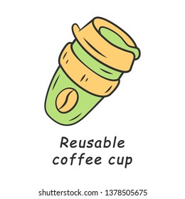 Reusable coffee cup color icon. Zero waste swap. Environmentally friendly, recycle, disposable material. Take and go drink. Plastic, paper cup. Eco coffee mug, package. Isolated vector illustration