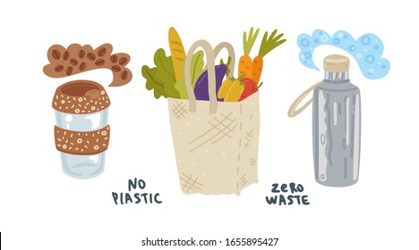 Reusable coffee cup, eco bag with vegetables and steel bottle. Zero waste elements. No plastic lettering. Go green concept. Eco style. Isolated on white background. Vector cartoon illustration