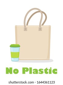 Reusable coffee cup and fabric eco bag vector illustration. No plastic ad. Eco living, zero waste. Environment friendly shopping