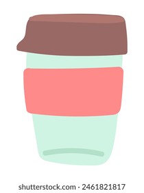 Reusable coffee cup in flat design. Eco thermos mug with lid for hot drinks. Vector illustration isolated.
