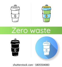 Reusable Coffee Cup Icon. Linear Black And RGB Color Styles. Biodegradable Container For Drinks. Coffee Break, Responsible Consumption. Paper Cup With Beverage Isolated Vector Illustrations