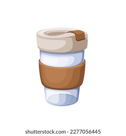 Reusable coffee cup with lid vector illustration. Cartoon isolated glass transparent eco mug and empty zero waste thermo container for fresh water and hot drink, clear disposable portable cup