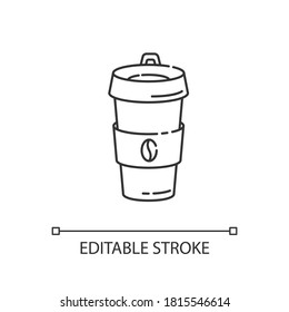 Icono lineal de taza de café reutilizable. Contenedor biodegradable para bebidas. Ilustración personalizable de corte de café de línea delgada. Símbolo de contorno. Dibujo de contorno aislado del vector. Trazo editable