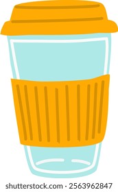 Reusable coffee cup with orange lid and protective sleeve protecting hands from heat, promoting sustainability and eco friendly practices for enjoying coffee on the go