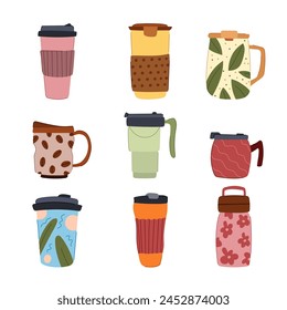 juego de tazas de café reutilizables de dibujos animados. simpático sostenible, caliente de viaje, bebida por la mañana taza de café reutilizable signo. símbolo aislado Ilustración vectorial