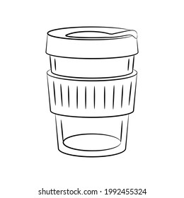 Reusable Coffee Cup Vector Outline Black Icon. Eco Living, Zero Waste, Plastic Free. Environment Friendly Coffee Mug