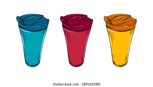 Reusable coffee cups. Bright colored eco cups for coffee to go isolated in white background. Sketch vector illustration