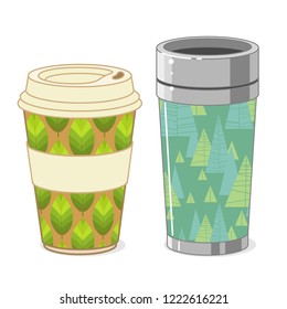 Reusable coffee cups on white background. Vector hand drawn illustration