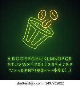 Reusable coffee filter neon light icon. Recyclable barista accessory, coffee grains. Ecological espresso drinking device. Glowing sign with alphabet, numbers and symbols. Vector isolated illustration