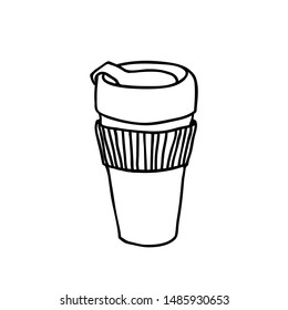 Reusable coffee mug vector illustration. Black and white doodle drawing.