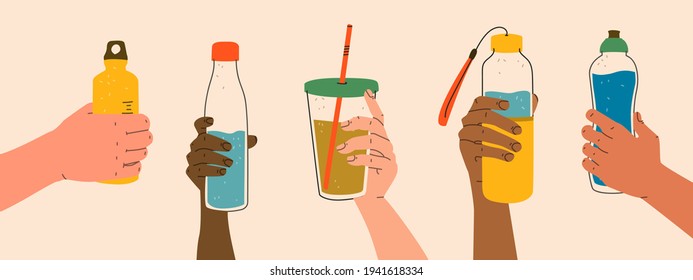 Reusable container for liquids. Various poses of hands holding a bottle, tumbler, sports water bottle. Use your own bottle. Vector, retro colors.