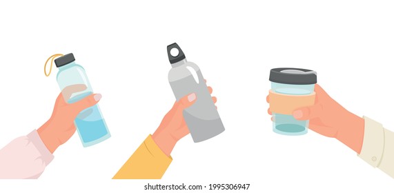 Reusable container for liquids. Various poses of hands holding a bottle, tumbler, sports water bottle. Use your own bottle. Vector, flat illustration.