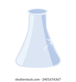 Reusable cracked chemical laboratory flask, glass home object. Household item out of use for disposal. Recycling of industrial products. Simple flat vector isolated on white background