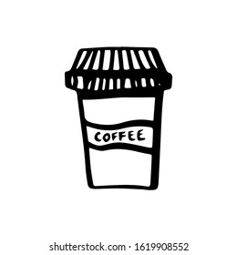 Reusable cup for drinking coffee in hand drawn doodle style isolated on white background. Lettering. Vector outline illustration. Zero waste. Recycling, free plastic.