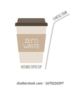 Reusable cup and metal straw vs paper or plastic cup. Less plastic, zero waste, 5R, eco friendly concepts. Element for waste reduce infographic, poster, social media. Flat. Vector stock illustration.