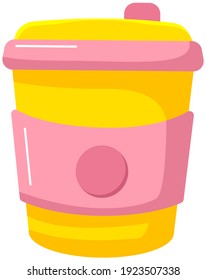 Reusable cup, tumbler or mug with cover isolated on white background. Cute hand drawn thermos for take away drinks. Zero waste concept. Vacuum thermo cup with lid for closing vector illustration