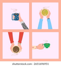 Reusable cup vector. Flat illustration of tumbler or thermos held in hand. Eco takeaway object for hot drink, tea or coffee. Isolated design for cafe, gym or bar with healthy lifestyle and to-go conce