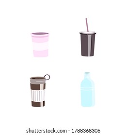 Reusable cups and bottles flat color vector objects set. Coffee cup. Travel mug. Recycle plastic bottle isolated cartoon illustration for web graphic design and animation collection