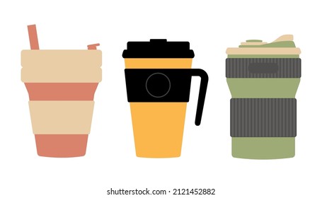 Reusable cups and glasses for hot and cold drinks. A set of thermoses for takeaway coffee. Vector isolated illustrations in flat cartoon style.