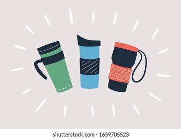 Wiederverwendbare Tassen, Thermo-Muschel und Tumbler mit Deckel für den heißen Kaffee oder Tee. Handgezeichnetes Objekt einzeln auf hellem Hintergrund. Vektorillustration