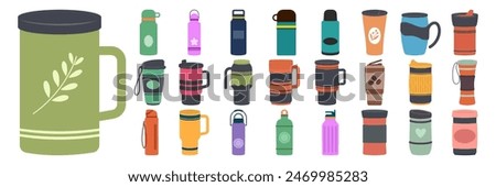 Reusable cups, thermos mugs, and tumblers with cover. Different designs of thermos for takeaway coffee. Set of thermo mugs vector illustrations in flat and cartoon style