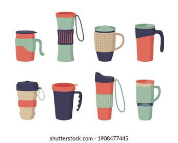 Reusable cups, tumblers and thermo mug with cover. Set of thermos for take away coffee. Zero waste. Vector illustrations in flat cartoon style isolated on white background