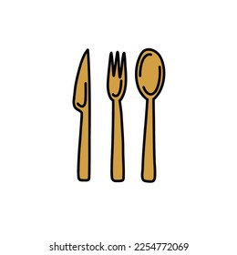 Reusable cutlery, biodegradable table setting for food made of natural eco recycle reusable material doodle icon, vector line illustration