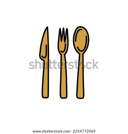 Reusable cutlery, biodegradable table setting for food made of natural eco recycle reusable material doodle icon, vector line illustration
