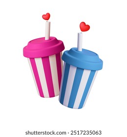 Reusable drink mugs with cap and drinking straws. Isolated 3d paper cups for cold drinks and lemonades. Cafe bar fast food restaurant vector realistic elements