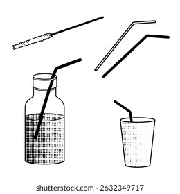 reusable drinking straws and a brush for cleaning them, black and white line art for eco-friendly living