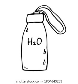 Botella de agua potable reutilizable. En la botella está la fórmula del agua, gotas de agua. Protección Ambiental. Vector. Dibujo manual.
