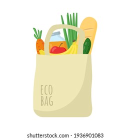 Bolsa ecológica reutilizable con comida aislada en fondo blanco. El concepto de basura cero. Ilustración vectorial. Diseño plano