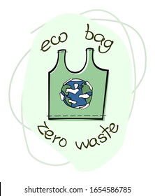 wiederverwendbare Ökotasche; handgezeichnete Vektorillustration. Null Abfall, nein zum Plastik.