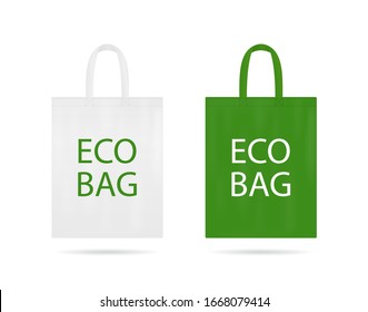 Reusable eco bag mockup. Ecology sack with white and green color. Fabric eco bags with handles. Handbag isolated icon for travel. Realistic cotton tote bag template for buy in shopping. Design vector