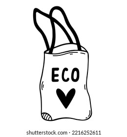 Reusable eco bag vector icon. Hand drawn illustration isolated on white. Plastic free, go green, zero waste. Paper or fabric container with heart, bio packaging. Cartoon doodle for poster, print, logo