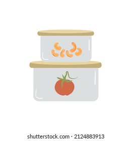 Reusable eco friendly glass containers with peanuts and a tomato. Flat vector illustration.