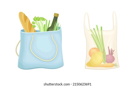 Reusable eco shopping bags full of grocery products. Zero waste, plastic free concept vector illustration