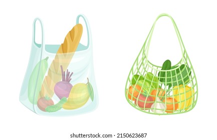 Reusable eco shopping net full of grocery products. Loaf bread, beetroot, tomato. Zero waste, plastic free concept vector illustration