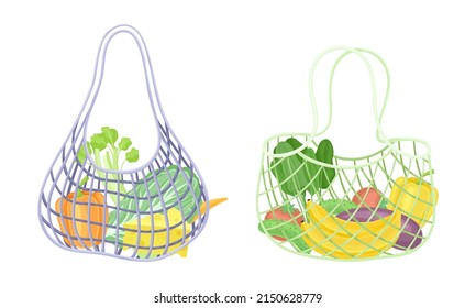 Reusable eco shopping nets full of fruit and vegetables set. Zero waste, plastic free concept vector illustration