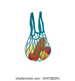 Bolsa de cuerda ecológica reutilizable con comida. Bolsa de compras hecha de tela o algodón. El concepto de basura cero. Ilustración vectorial de dibujos animados.