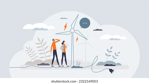 Reusable energy and wind resource usage for electricity tiny person concept. Green and ecological power production with alternative methods vector illustration. Recyclable and sustainable windmill.