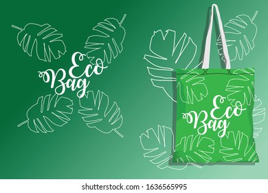 Reusable fabric bag vector: eco bag letters with tropicals leaves outline background. Fabric stamp design for reuse bag.
