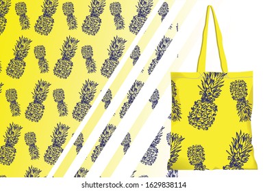 Reusable fabric bag vector: handmade pineapple illustration for fabric pattern. Fabric stamp design for reuse bag.
