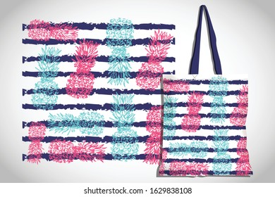 Reusable fabric bag vector with pineapple black line vector with blue line background for fabric pattern. Fabric stamp design for reuse bag.